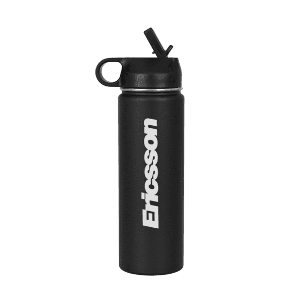 Promotional product carousel: Image 6 - Trekk Stainless Steel Bottle in black with 'Ericsson' branding. Click to view more branded promotional products.