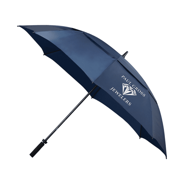 62 Inch Vented Golf Umbrella in Navy with company branding. Click here for more custom branded promotional umbrella options.