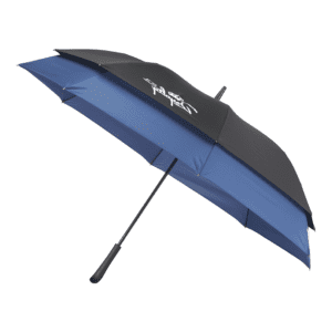 Expanding Auto Open Umbrella with double canopy in black and blue with company branding. Click here for more custom branded promotional umbrella options.