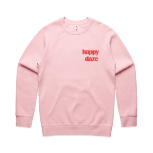 Promotional product carousel: Image 17 - Supply Crew Jumper in pink with 'Happy Daze' branding. Click to view more branded promotional products.