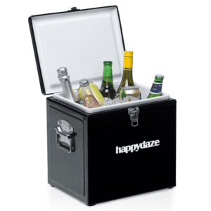 Promotional product carousel: Image 23 - Vintage cooler box in black with 'Happy Daze' branding on the front. Click to view more branded promotional products.