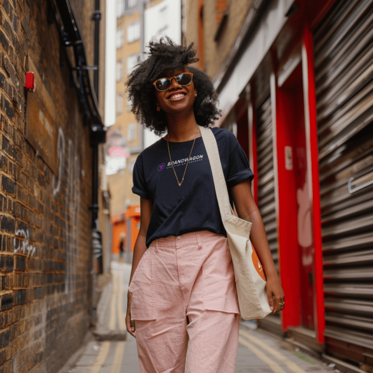 Girl walks down alleyway happily wearing custom sunglasses with a custom branded promotional cotton tote bag over her shoulder. Click here for me